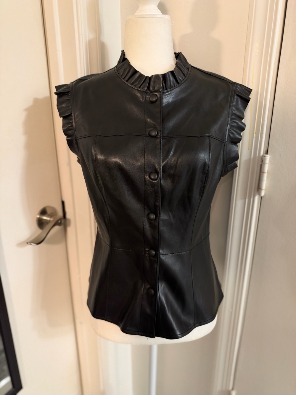 Marc New York Black Sleeveless Faux Leather Ruffle-Trim Vest